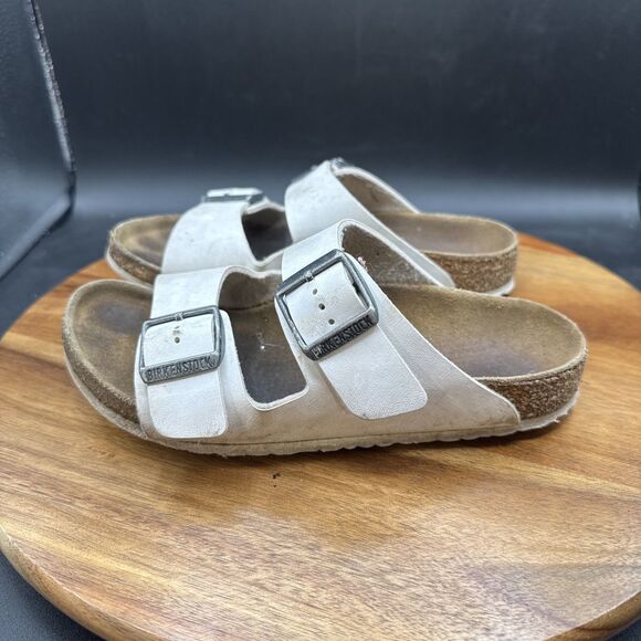 Birkenstock Arizona White Leather Logo Strap Sandals Youth Size EU 33 USA 3 - Picture 1 of 8